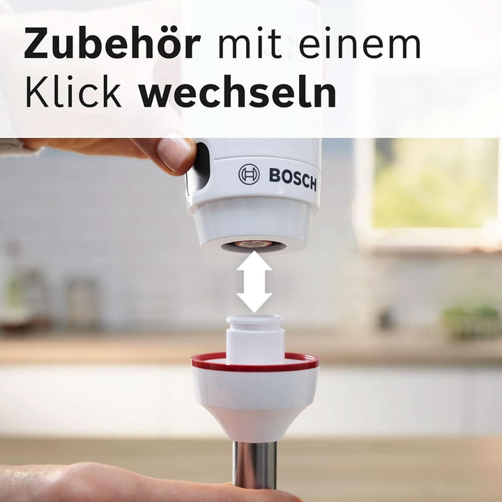 Bosch Stabmixer Ergomaster Serie 4 MSM4W210, Einhändig Bedienbar, Edelstahl-Klingen, Verschleißfreie Keramik-Kupplung, Mixbecher, Quattroblade, Antisplash Funktion, Einschaltsperre, 600 W, Weiß