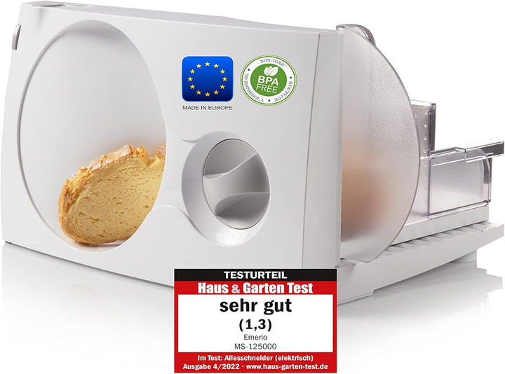 Emerio Allesschneider"Made in EU" MS-125000, Edelstahl Messereinheit in Deutschland Produziert, Einstellbar 0-17Mm, BPA Frei, Platzsparend Klappbar, Mit Sicherheitsschalter, Eco 100Watt, Weiß