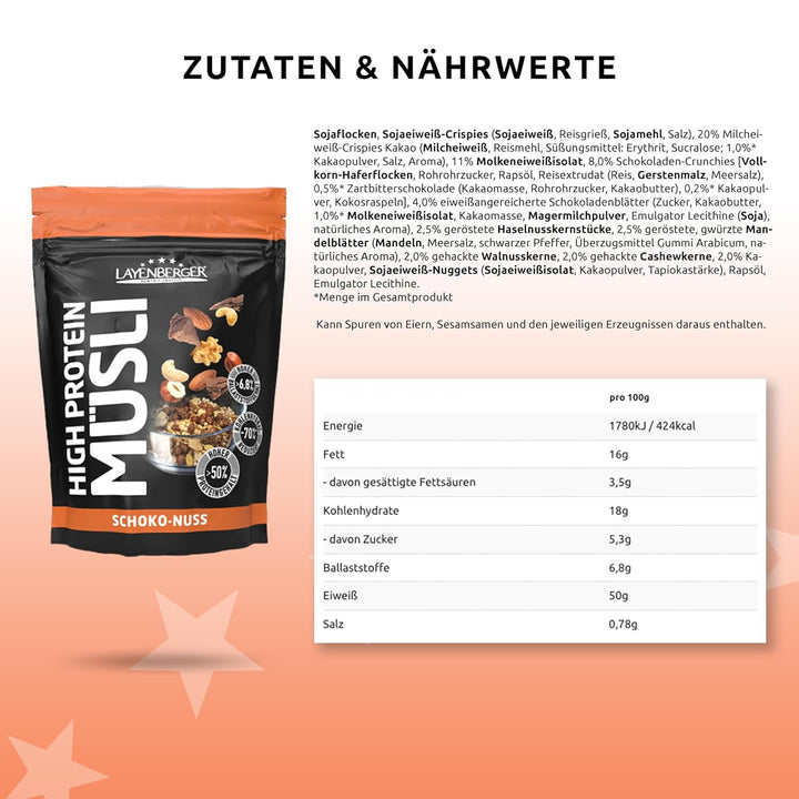 Layenberger 3K High Protein Müsli, 50% Eiweiß Und 18% Kohlenhydrate - Single Pack (1X 390 G) - Schoko-Nuss