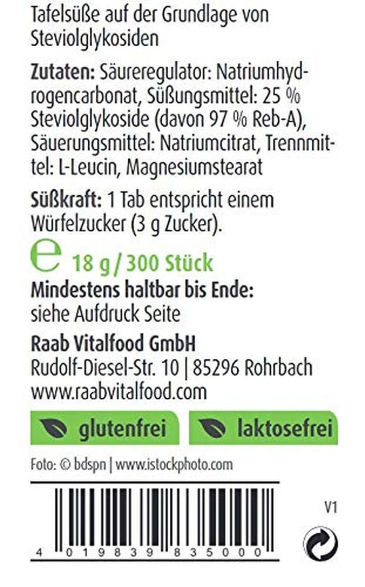 Raab Vitalfood Stevia Tabs, 300 comprimate (pastilute), 18 grame