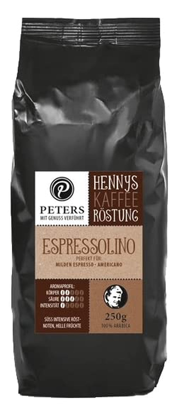 Peters Mit Genuss Verführt | Henny'S Röstung Crema Mild | Sprechender Kaffee AR | Augmented Reality App | Ganze Bohnen | Kaffeebohnen | Ideal Für Vollautomaten | Arabica | Mit Koffein | 250G