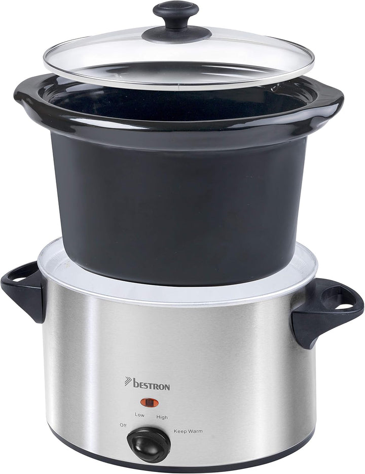 Bestron Slowcooker Für 4 Personen, Schongarer Mit Keramikpfanne & Glasdeckel, 3 Stufen-Thermostat, Ideal Für Viele Gerichte Wie Fleisch, Suppen & Gemüse, 3.5 Liter, Farbe: Silber