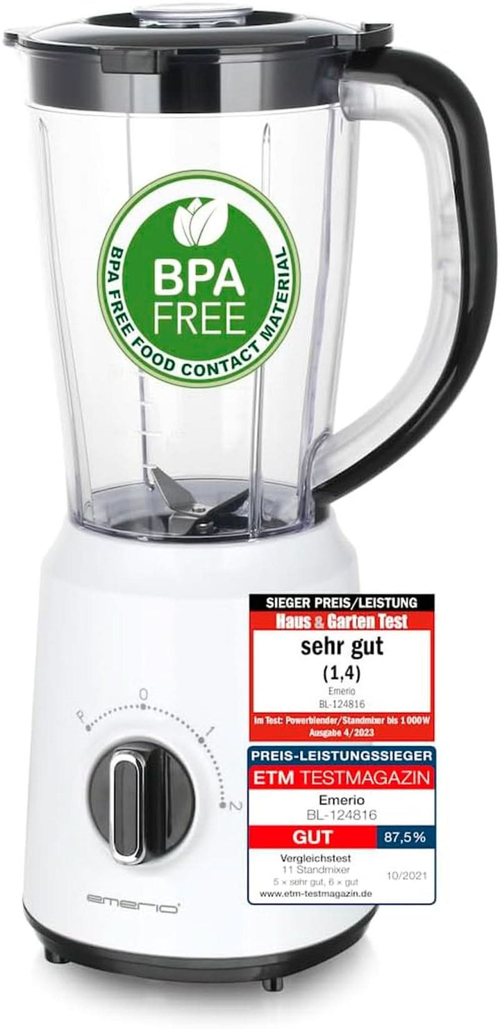 Emerio Standmixer BPA Frei Crush Ice Funktion 1.5L Behälter 2 Geschwindigkeiten + Pulse Funktion Messereinheit Aus Edelstahl Sicherheitsschalter Geschirrspülgeeignet 500 Watt BL-12816.8 Schwarz