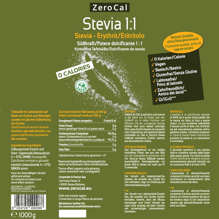 Stevia 1:1 (Erythrit - Stevia) - Natürlicher Zuckerersatzstoff, 1000 G