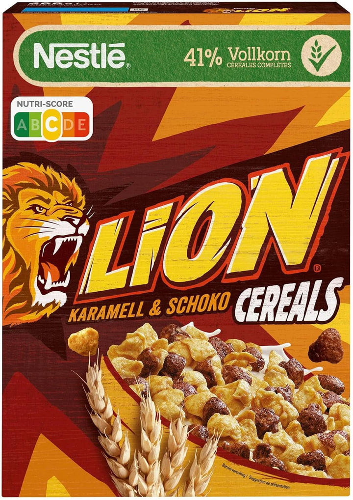 Cereale LION, Cereale de ciocolată cu caramel și 41% făină integrală, pachet 8 x 400 grame