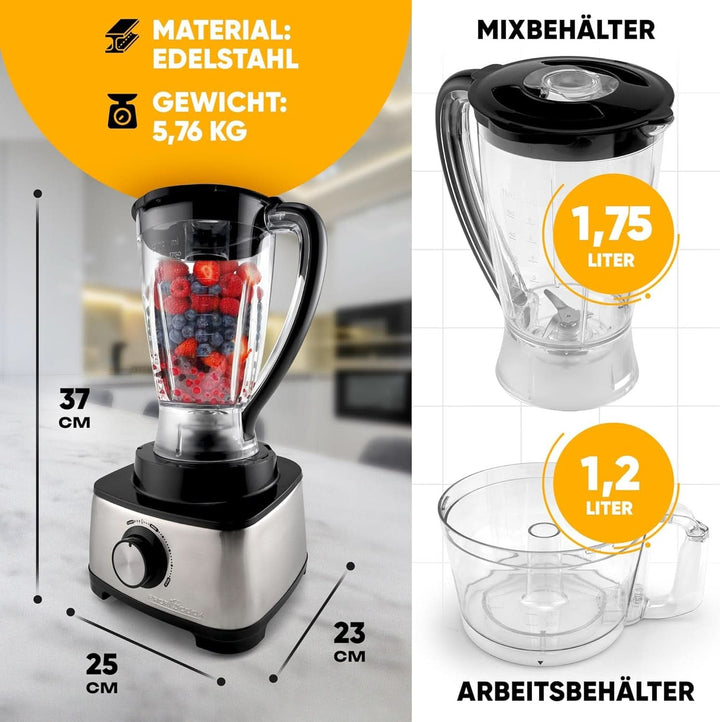 Proficook® 3In1 KüChenmaschine | Mixer, Küchenmaschine Und Entsafter | 1200W | Zum Schneiden, Raspeln Und Kneten | Nachfüllöffnung | Stufenlose Geschwindigkeit | Inkl. 11 Zubehörteilen | PC KM 1063