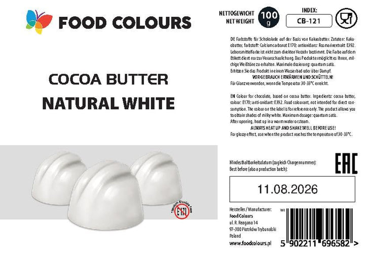 Food Colors Cocoa Butter NATURAL WHITE 100 G Kakaobutterbasierte Lebensmittelfarbe Für Schokolade, Pralinen, Fette Massen Und Cremes