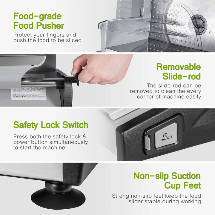 Allesschneider, Elektrischer Mit Eco-Motor, Rostfreies Edelstahlmesser,Wurstschneidemaschine Mit Einstellbare Schnittstärke(0-15Mm),Käse Brotschneidemaschine, 150 W,Silbermetallic