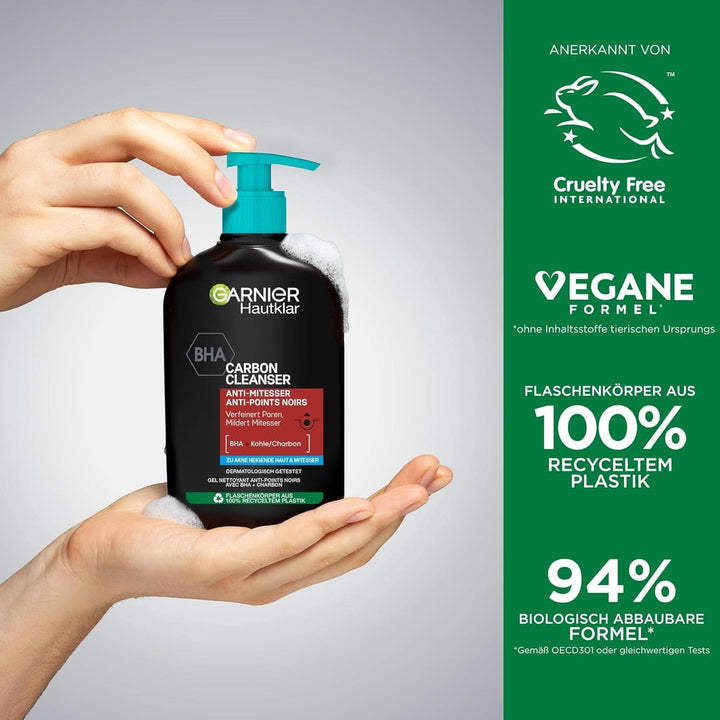 Garnier, Cleanser cu cărbune, gel de curățare facială împotriva punctelor negre și a coșurilor, 250 ml