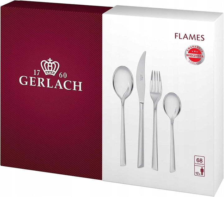 Gerlach Flames Besteck-Set 12 Personen Spülmaschinenfest Essbesteck Edelstahl Elegantes Tafelbesteck Messer Gabel Löffel Teelöffel Kuchengabel Soßenlöffel Kuchenspachtel Glänzend Rostfrei 68 Stk