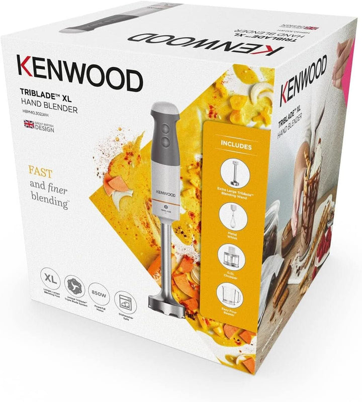 Kenwood Stabmixer HBM40.302WH, Triblade System Mit 3 Klingen, 1 Geschwindigkeit + Turbo, Metallstab 20 Cm, Inklusive Schneebesen, Messbecher, Zerkleinerer 0,5 L, 850 W, Weiß