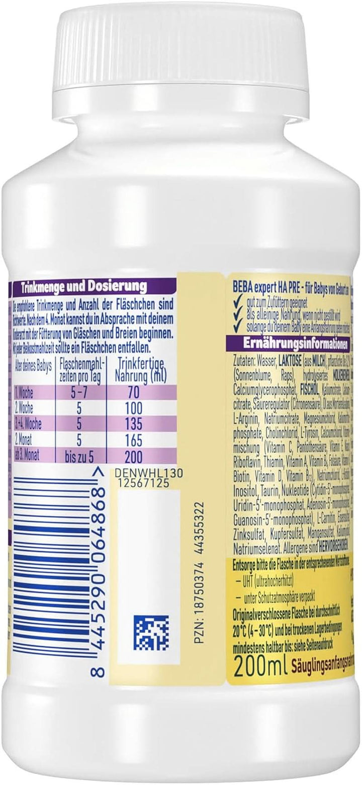 BEBA Nestlé BEBA EXPERT HA PRE Hydrolysierte Anfangsnahrung, Säuglingsnahrung Von Geburt An, 8Er Pack (8 X 200Ml)