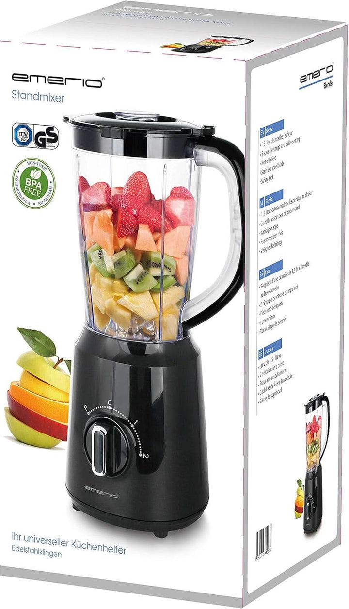 Emerio Standmixer BPA Frei Crush Ice Funktion 1.5L Behälter 2 Geschwindigkeiten + Pulse Funktion Messereinheit Aus Edelstahl Sicherheitsschalter Geschirrspülgeeignet 500 Watt BL-12816.8 Schwarz