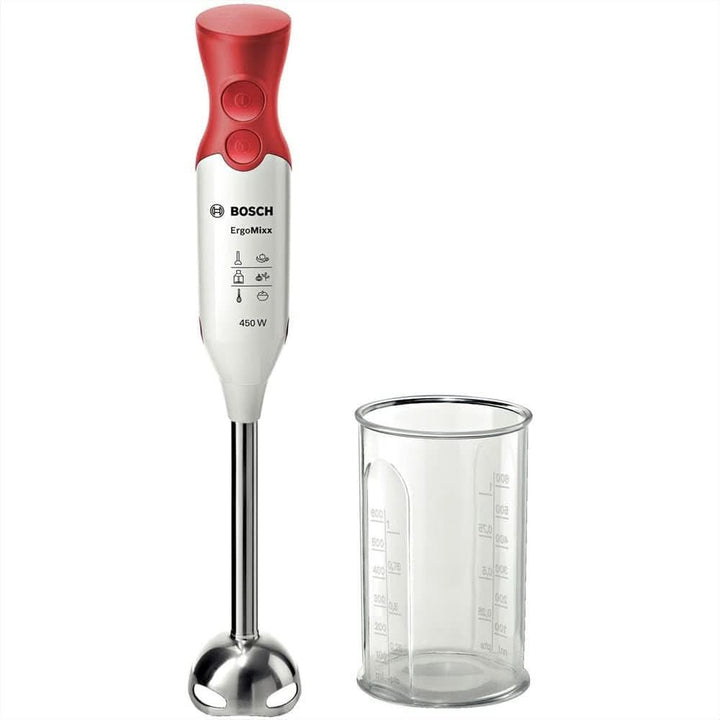 Hausgeräte MSM64110 Ergonomischer Stabmixer Mit Edelstahl-Mixfuß Quattroblade (450 W) Rot, Weiß