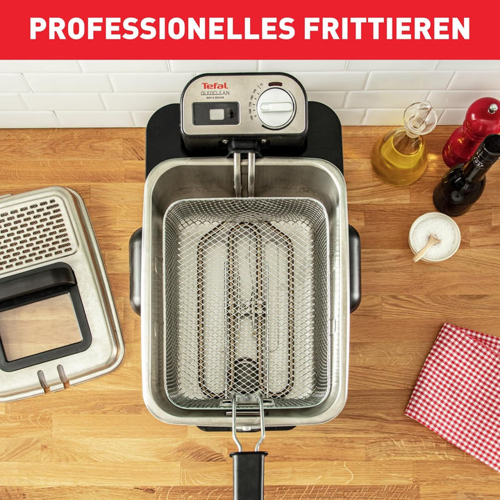 Tefal FR8040 Oleoclean Pro Inox & Design Fritteuse | 2300W | Kapazität 1,2 Kg | Herausnehmbarer Ölbehälter | Automatische Öl/Fett Filterung | Timer | Thermostat | 3.5 L | Schwarz/Edelstahl