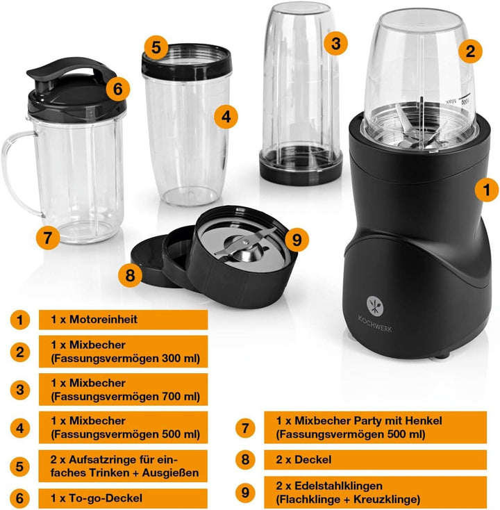 Smoothie Maker 12-Tlg | To-Go Deckel & 4 Mixbehälter | Für Obst, Gemüse & Nüsse | Mit Ice-Crush Funktion | Mini-Standmixer Zum Mixen, Rühren, Zerkleinern, Mahlen, Hacken & Pürieren | Bpa-Frei