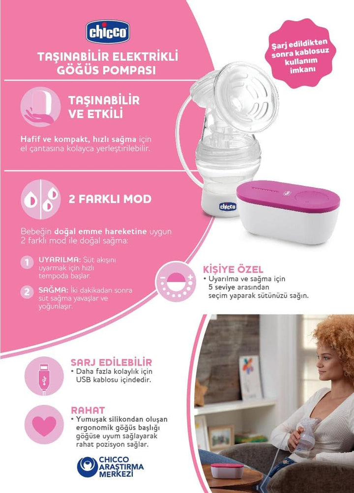 Chicco, Tragbare Elektrische Milchpumpe, Kompakt Und Leicht, Effektives Abpumpen Mit 5 Intensitätsstufen, Sanft Und Ergonomisch, Mit Geneigtem Sauger Und Dichtem Verschluss, Weiß, 150 Ml