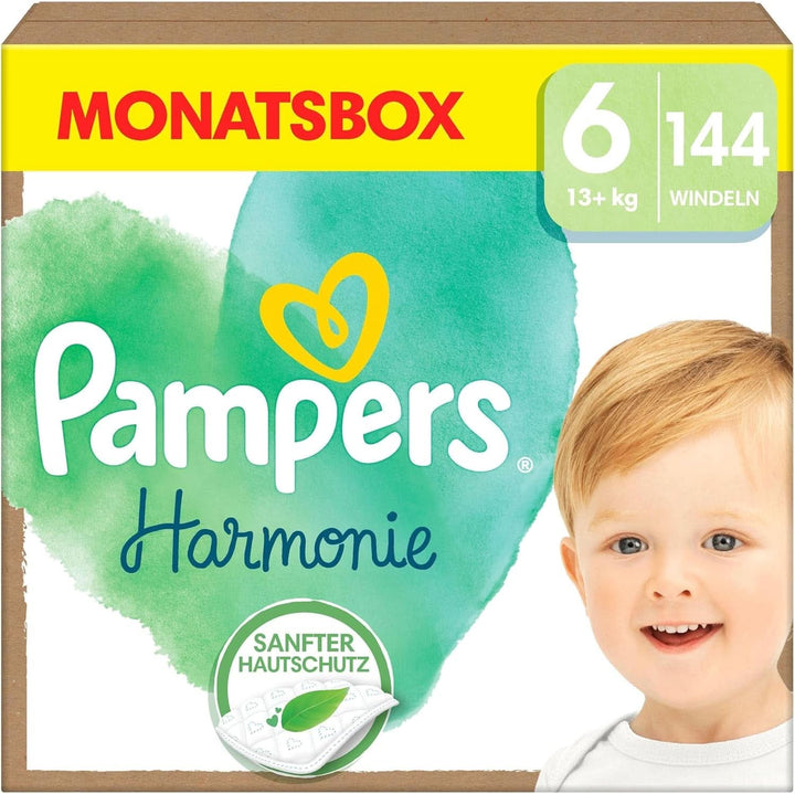 Pampers Baby Windeln Größe 6 (13+Kg) Harmonie, MONATSBOX, Sanfter Hautschutz Und Pflanzenbasierte Inhaltsstoffe, 144 Stück