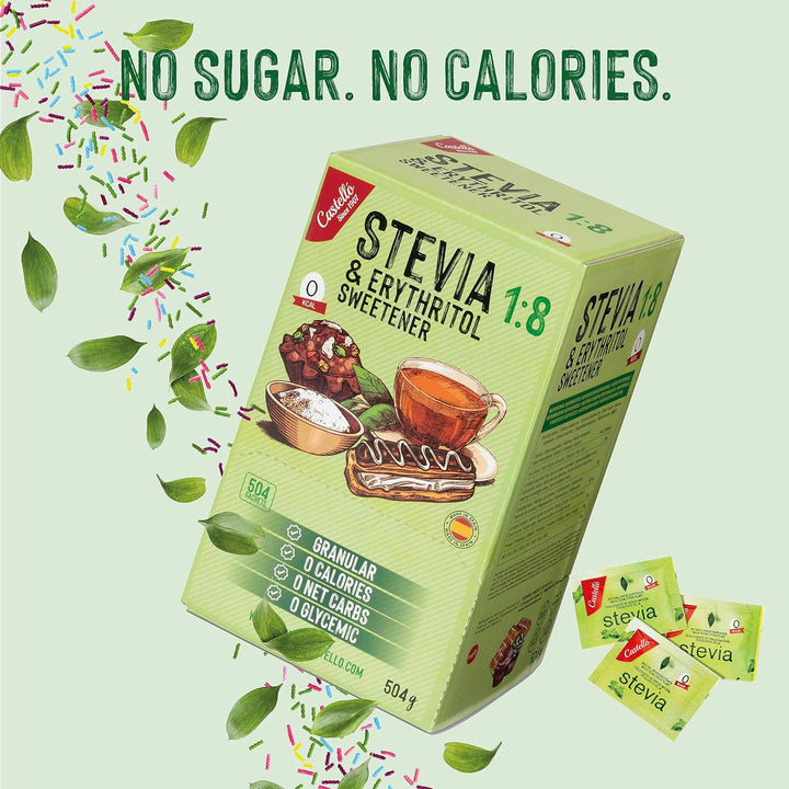 Stevia + Erythrit 1:8 Süßstoff | 504 Beutel Mit 1 G | 100% Natürlicher Zuckerersatz - 0 Kalorien - 0 Glykämischer Index - Keto Und Paleo - 0 Kohlenhydrate - Kein GVO - Castello since 1907 - 504 G