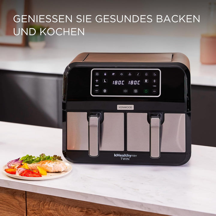 Kenwood Khealthy Twin Airfryer, 8L (2X4L), Doppelkammer, 8 Programme, Dual Cook & Sync Finish Funktion, Touch-Display, Antihaft, 200º, Timer (Bis 60 Min) & 24 H Dörrfunktion), Heißluftfriteuse