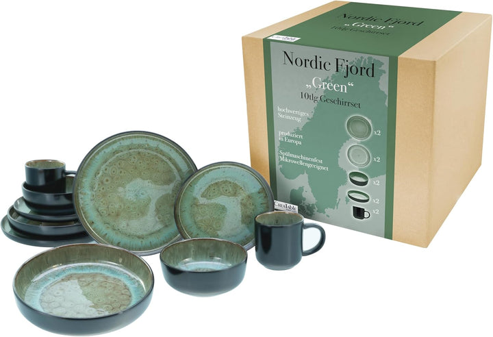 Creatable, 20166, Serie Nordic Fjord Green, 16-Teiliges Geschirrset Für 4 Personen, Kombiservice Aus Steinzeug, Spülmaschinen- Und Mikrowellengeeignet, Qualitätsproduktion