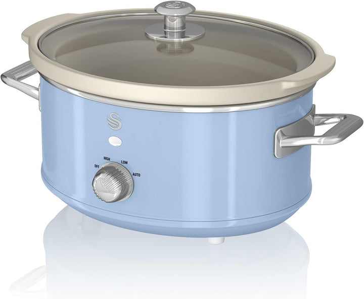 Swan Retro SF17021GRNEU Slow Cooker 3,5L Abnehmbarer Kochbehälter, PFOA- Und Ptfe-Freier Keramischer Antihaft-Behälter, 3 Temperaturstufen, Glasdeckel, Vintage-Design, Grau, 200W