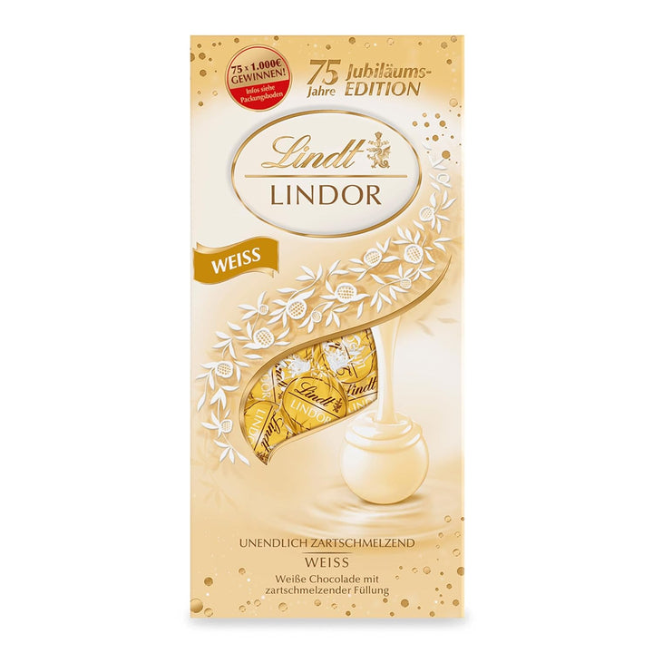 Lindt Schokolade LINDOR Kugeln Weiß | 137G Beutel | Ca. 10 Schokoladen Kugeln Weiße Schokolade Mit Zartschmelzender Füllung | Pralinen-Geschenk | Schokoladengeschenk | 75 Jahre