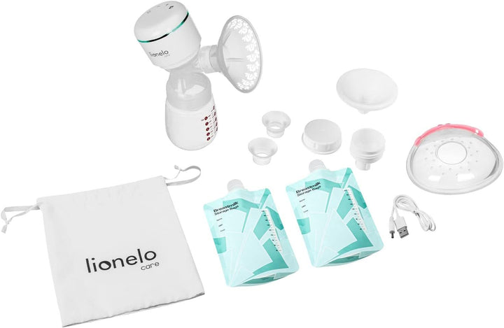 LIONELO Fidi plus Kabellose Elektrische Dreiphasige Muttermilchpumpe 180 Ml, Energiesparende Tragbare Milchpumpe, 9 Massagestufen, 150 Min Betriebszeit 3 Silikontrichter Timer