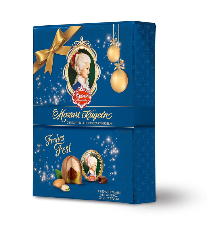 Reber, Constanze Mozart-Kugeln Barock in Weihnachtsverpackung, 12Er Packung, Mozart-Kugeln Aus Alpenmilch Schokolade, Gefüllt Mit Pistazien, Marzipan, Mandeln, Haselnuss-Nougat, 240G 12Er Packung