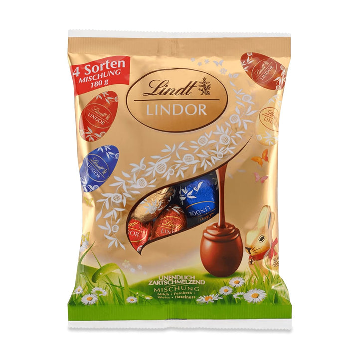 Lindt Schokolade LINDOR Eier Mix | 180 G | LINDOR Eier Mit Zartschmelzender Füllung in Den Sorten Milch, Haselnuss, Weiß, 45% Feinherb | Oster Schokolade | Schokoladengeschenk | Ostereier | Schokoeier