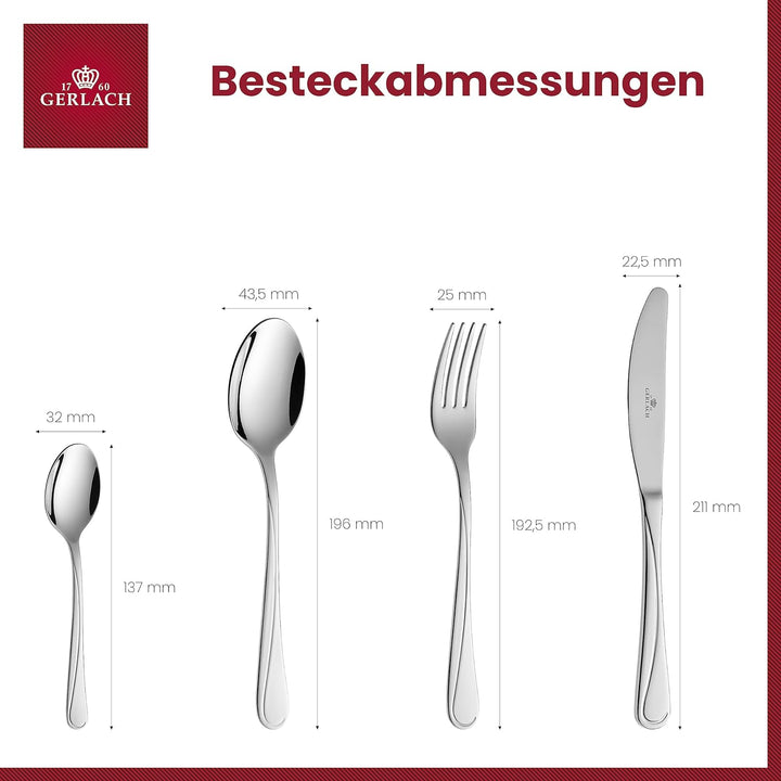 Gerlach Mango Besteck-Set 6 Personen Spülmaschinenfest Essbesteck Edelstahl Elegantes Besteck Messer Gabel Löffel Teelöffel Tafelbesteck Rostfrei 24 Stk, Silberglänzend