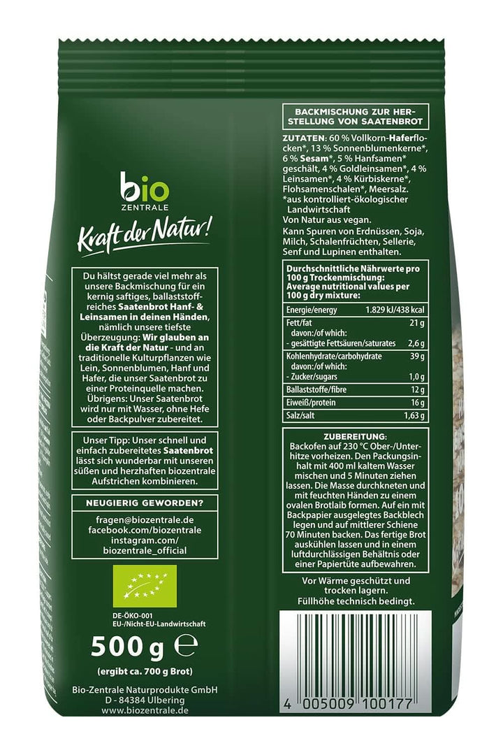 Biozentrale, mix de copt pâine cu semințe cânepă și semințe de in, organic, 500 grame