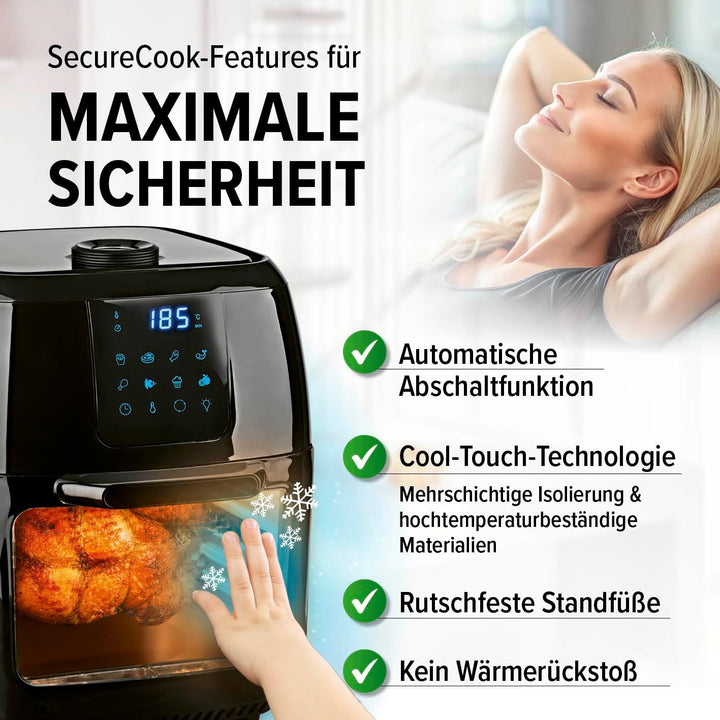 Gourmetmaxx Digitale Heißluftfritteuse XXL - 9L Ofen | Airfryer Mit Timerfunktion, Touchdisplay, Drehspieß, Schaschlikspießen | Fettarm, Energiesparend Frittieren | 8 Programme, 1800 W