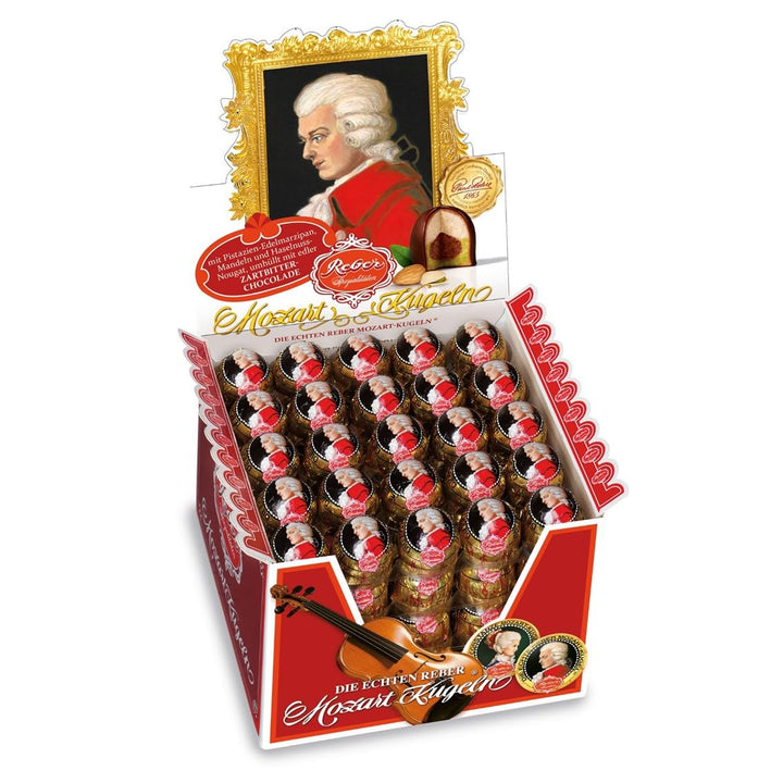 Reber Mozart-Kugeln, 45Er Aufstellkarton, Mozart-Kugeln Aus Zartbitter-Schokolade, Gefüllt Mit Pistazien-Marzipan, Mandeln Und Haselnuss-Nougat, 900G (45 Mozart-Kugeln)