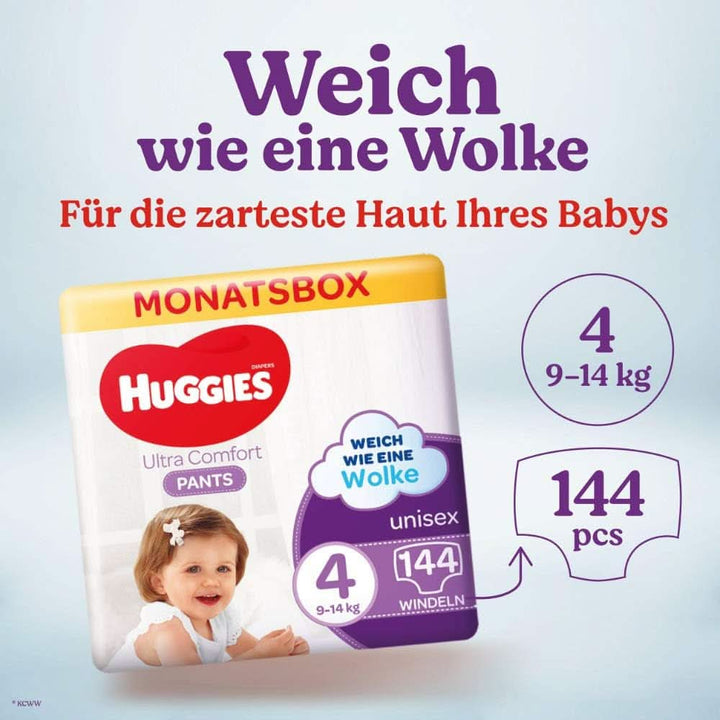 Huggies Ultra Comfort Pants mărimea 4, 9 - 14 kg, Pentru copii activi, Cu indicator de umezeală și tehnologie cloud waistband, 144 scutece