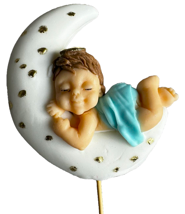 Edible decoration of sugar paste, baptism, boy sleeping on the moon