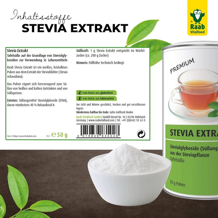 Raab Vitalfood Extract de stevia, ușor de dozat, 50 grame