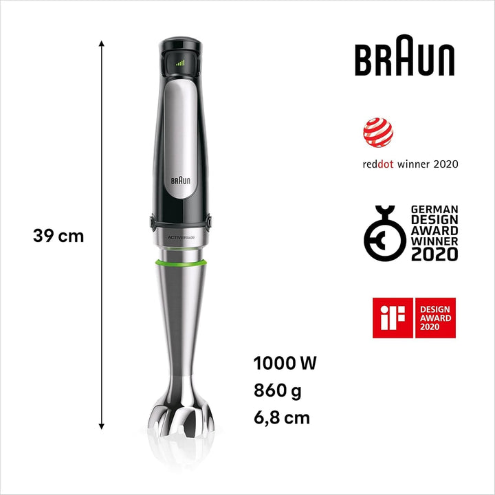 Braun Multiquick 7 MQ 7035X Stabmixer - Pürierstab Mit Abnehmbarem Edelstahl Mixfuß Mit Activeblade Technologie Zum Pürieren Der Härtesten Zutaten, Inkl. 3-Teiliges Zubehör Set, 1000 Watt, Schwarz