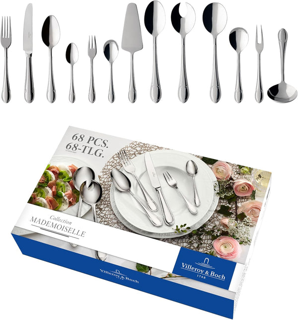 Villeroy & Boch – Mademoiselle Tafelbesteck, Besteckset 68 Teilig, Spülmaschinenfest, Rostfrei, Besteck 12 Personen, Besteckset 12 Personen, Essbesteck Set, Messer, Gabel, Löffel, Edelstahl