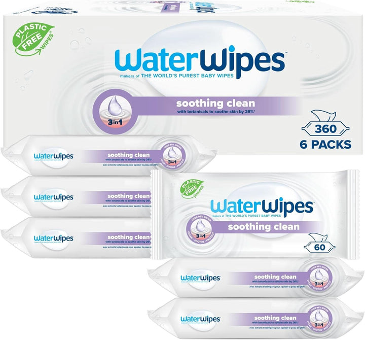 Waterwipes Lindernde Säuberndebabytücher, 360 Tücher (6 Packungen), Mit 99% Wasser & Botanischen Extrakten, Feuchttücher Für Gesicht & Körper