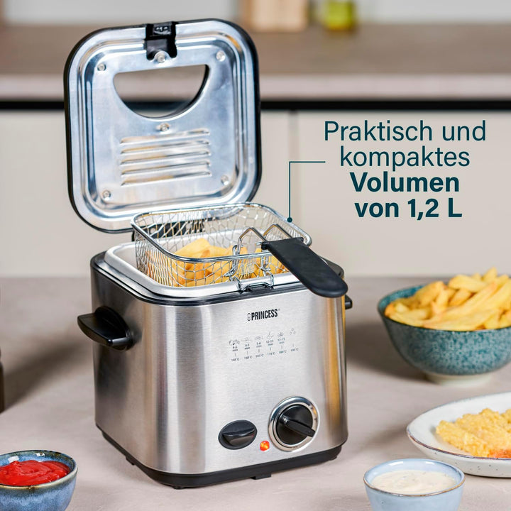 Princess 182611 Mini-Fritteuse Mit Fondue – Schnelle Erwärmung – Geruchsfilter – 1,2 Liter Inhalt, Silber