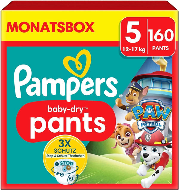 Pampers scutece Paw Patrol Pantaloni mărimea 5 (12-17Kg) Baby-Dry, Junior cu buzunar Stop and Protect, CUTIE LUNARĂ, 160 scutece