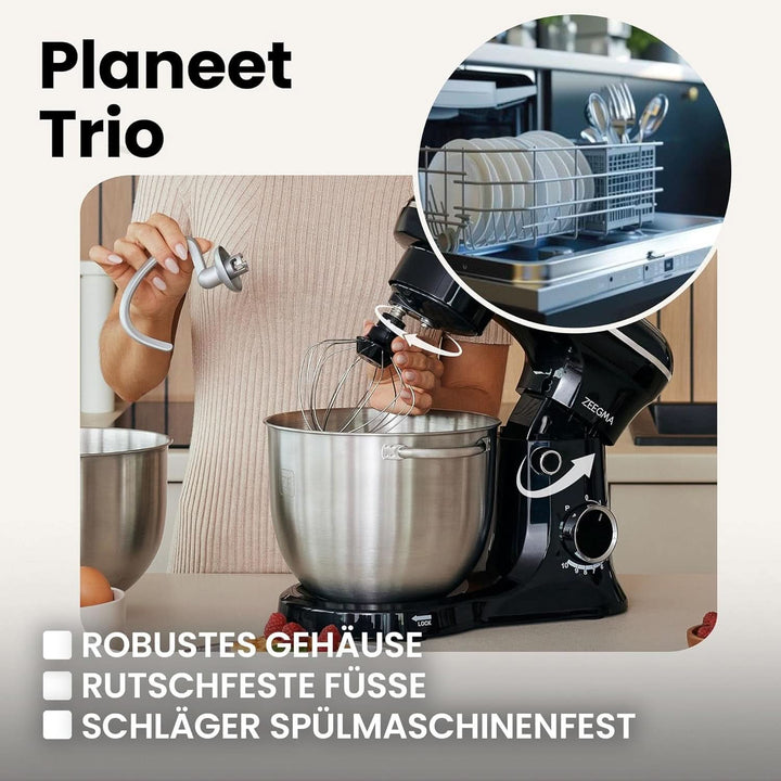 ZEEGMA PLANEET TRIO Planetenroboter, 1500 W, Multifunktionale Küchenmaschine Mit 3 Schüsseln 4 L, 4,5 L Und 5,2 L, 10 Betriebsgeschwindigkeiten, Mixer Mit Haken, Schneebesen (Schwarz)