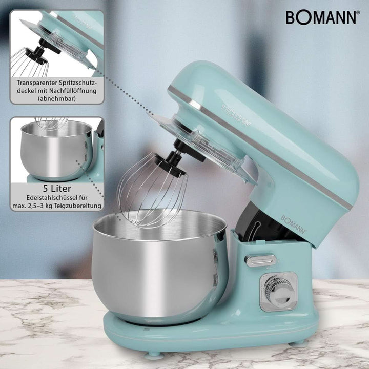 Bomann® Retro Küchenmaschine Zum Backen | Knetmaschine 5L |Starker 1100W Motor | Teigmaschine Inkl. Haken & Schneebesen | Retro Teigknetmaschine Spritzschutz Mit Nachfüllöffnung – KM 6030 CB Mint-Grün