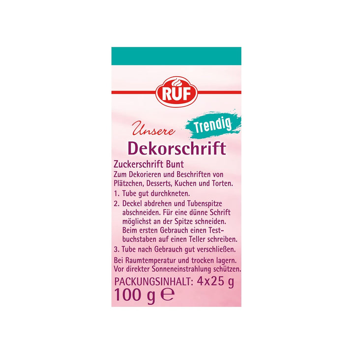 RUF Zucker-Schrift, 4 Tuben Dekor-Schrift in Türkis, Pink, Orange & Blau, Zur Beschriftung Von Glasur, Zuckerguss Und Fondant, Tortendeko Für Weihnachtsplätzchen, 4 X 25G