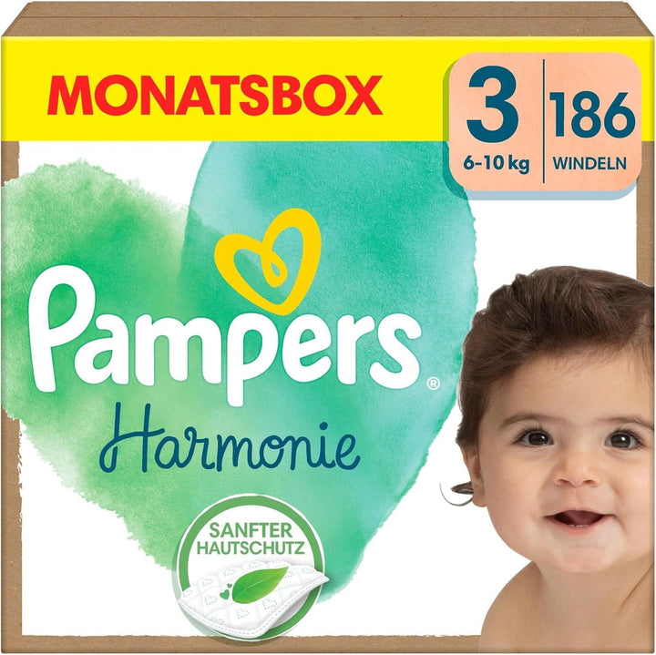 Pampers Scutece pentru copii mărimea 3 (6-10 kg) Harmony, Protecție delicată a pielii și ingrediente pe bază de plante, 186 bucăți