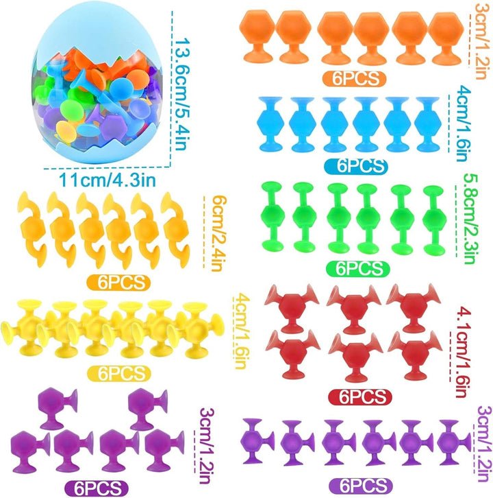 48 Stück Saugnapf Spielzeug, Montessori Spielzeug Badewannenspielzeug Ab 3 Jahre,Silikon Bausteine Spielzeug Mit Dinosauriereier Für 3 4 5 6 7 8 Jahre Jungen Mädchen