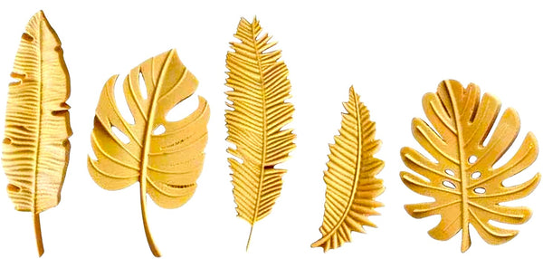 Set 5 edible decorations from sugar paste, exotic golden leaves