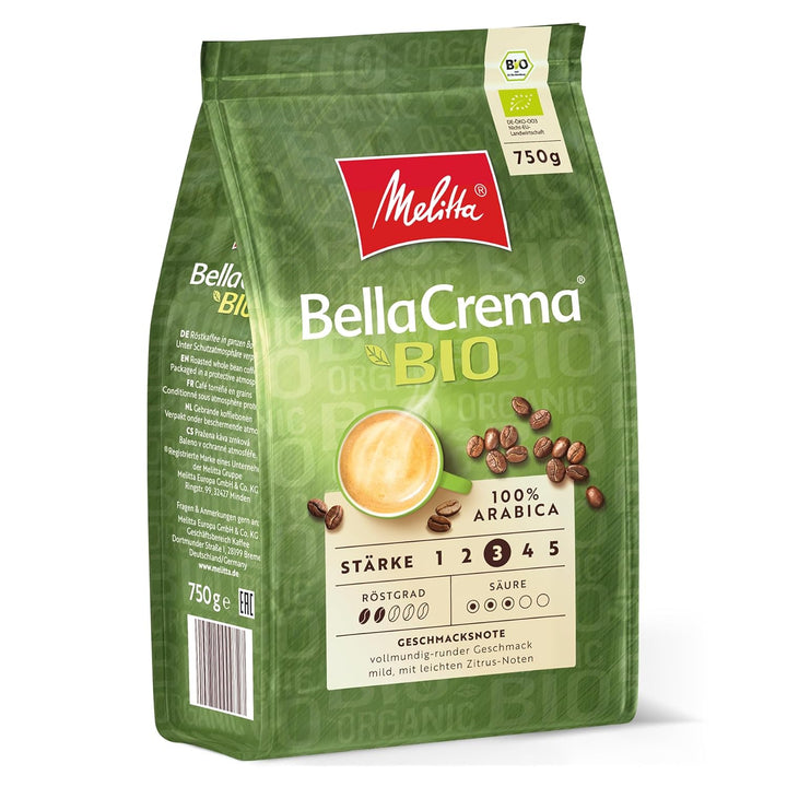 Melitta Bellacrema Bio Ganze Kaffee-Bohnen, Ungemahlen, Kaffeebohnen Für Kaffee-Vollautomat, Milde Röstung, Geröstet in Deutschland, Stärke 3, 750G