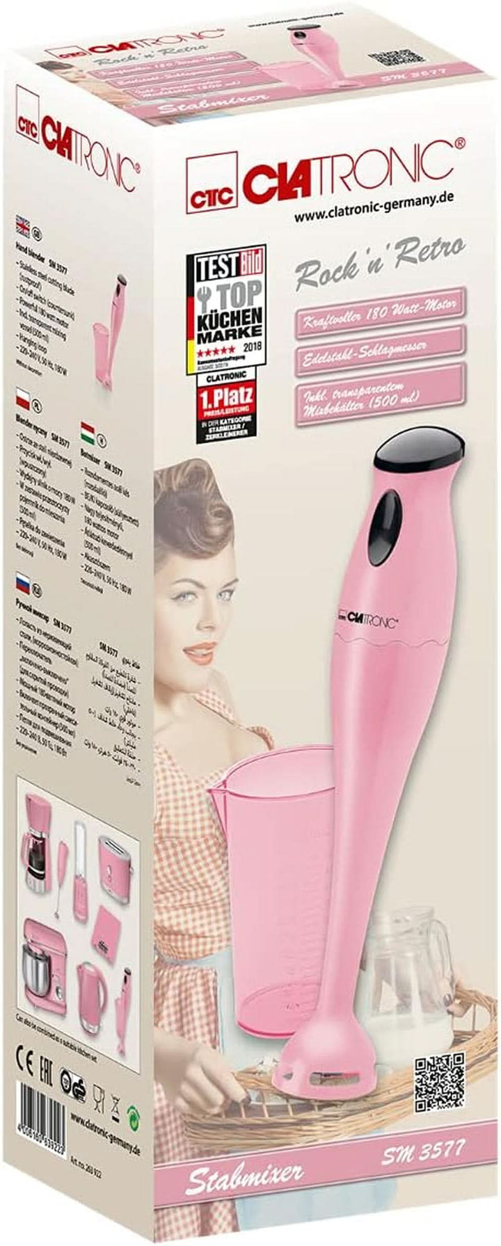 Clatronic Stabmixer/Pürierstab/Blender/Stab-Mixer/Stick/Mixstab SM 3577; Edelstahl-Schlagmesser; Für Smoothie, Kürbispüree, Babybrei, Milchshake; Mit Mixbehälter (500 Ml); 180 Watt; Pink